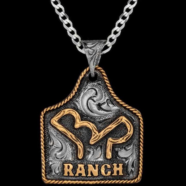 The Shadow Cow Tag Necklace features a hand engraved classic antique finish elegantly framed with a bronze rope edge and your custom ranch brand or logo. Pair it with a special discount sterling silver chain! 